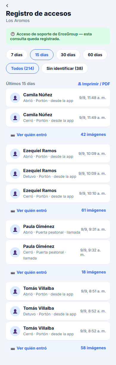 Pantalla de registro de accesos en la app
